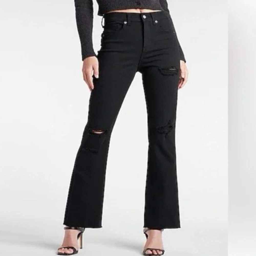 Express Ladies High Waisted Black Ripped 90s Bootcut Jeans Size 8S